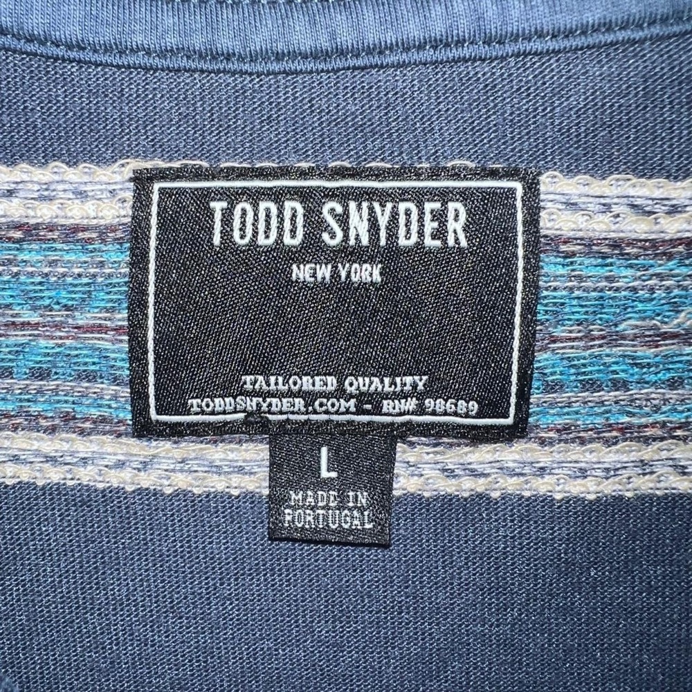 Todd Snyder T Shirt Men's Sz L Blue/Teal Striped Aztec Knit Made in Portugal Tee - Picture 5 of 9